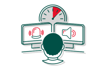 Symbol für Fernüberwachung mit einer Person, die zwei Monitore und ein Dashboard mit einem Alarm- und Lautsprechersymbol überwacht.